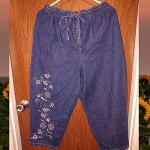 Teddi Denim Blue Jean Pants with Yellow Beaded Flower Accents. Size 14 Women's